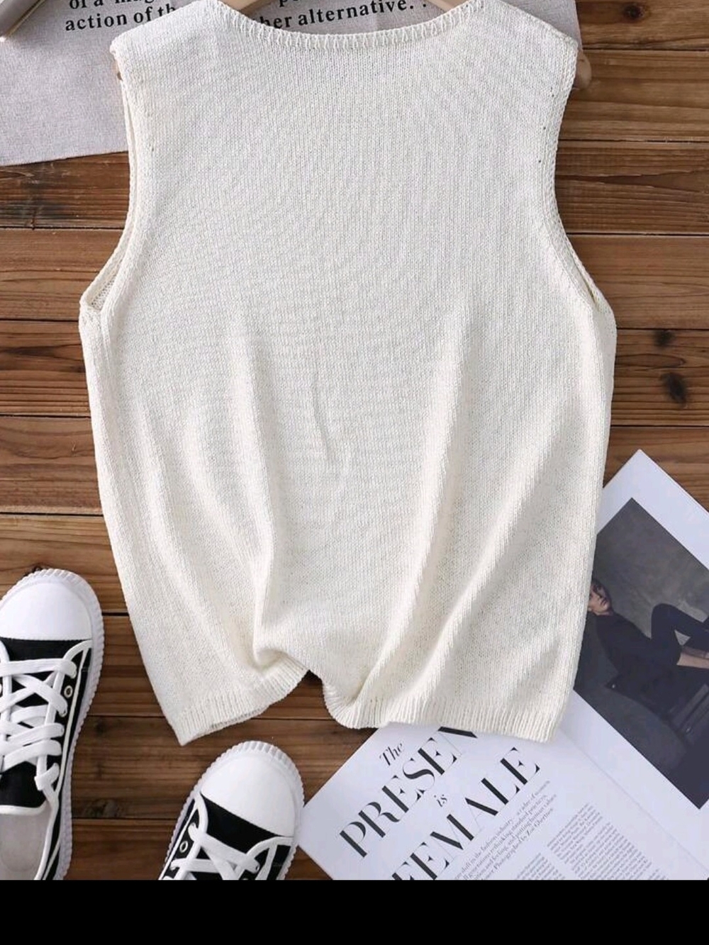 Cream Knit Sleeveless Top with Cute Bear Graphic - Picture 2 of 3